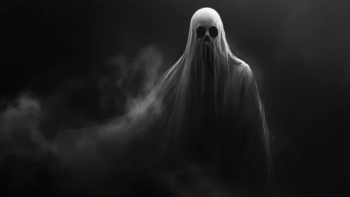 Volumetric spectral entity with skull mask in drifting fog.