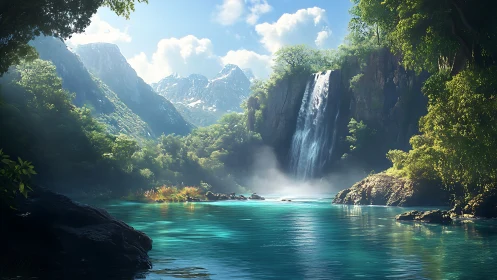 Sunlit waterfall lagoon cradled by misty emerald mountains.
