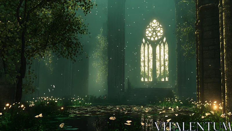Enchanted forest cathedral glows with ethereal emerald light