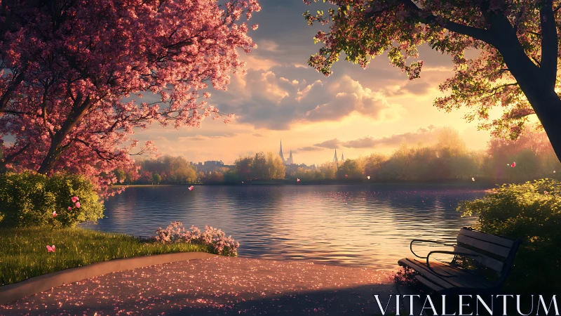 Sunset-illuminated lakeside park with cherry blossoms and cityline