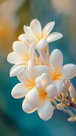 White plumeria flowers with golden yellow centers on blurred teal background