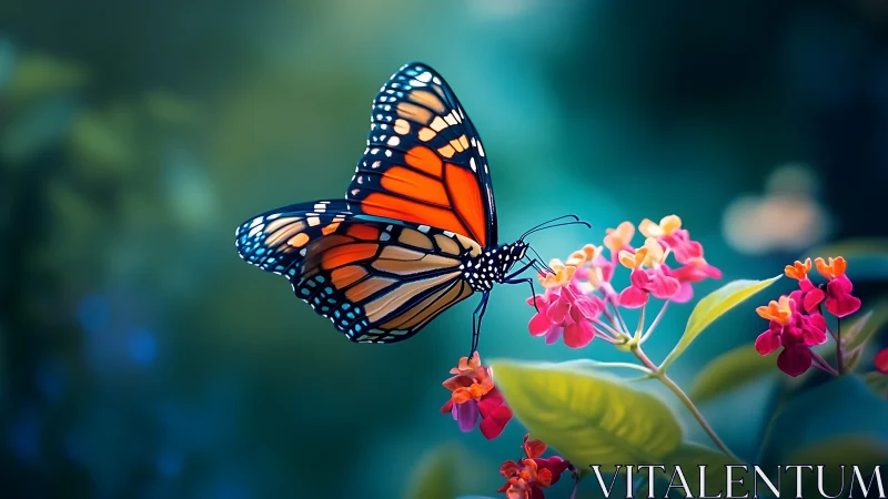 Gentle monarch butterfly pausing over bright garden blooms.