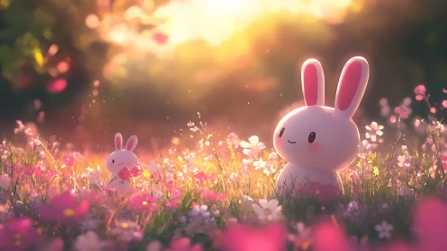 Cartoon bunnies in backlit meadow with pink wildflowers.