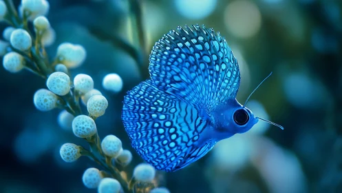Bioluminescent blue fish with butterfly fins in bokeh reef