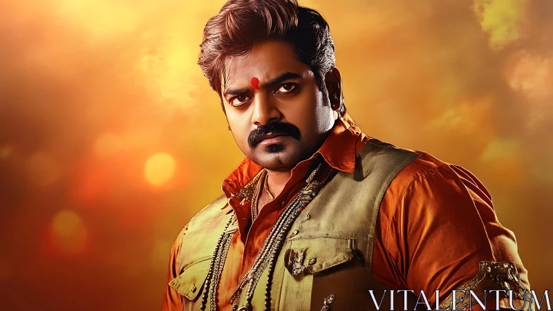 Storm-eyed warrior locks gaze beneath molten sunset sky