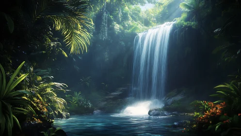 Luminous rainforest waterfall pouring into tranquil lagoon.