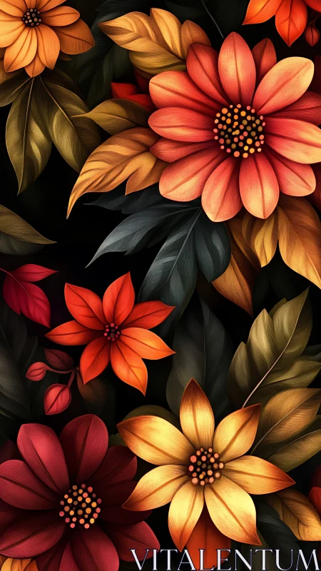 Digital Floral Arrangement with Warm Tones on Black.