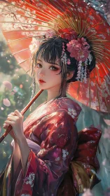 Young woman in floral kimono holds red parasol outdoors