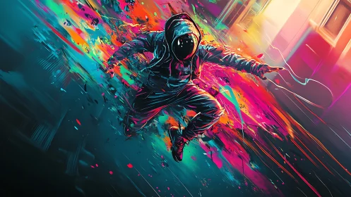Hooded figure in motion amid vivid abstract color streaks.
