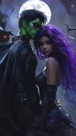 Masked green-skinned hero with purple-haired partner at night.