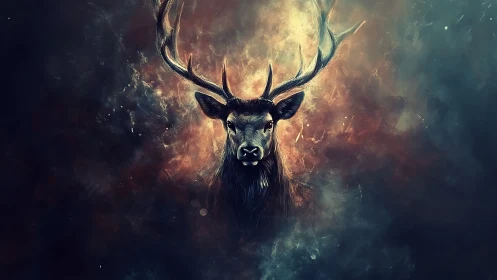 Stag head is centered against diffuse abstract background
