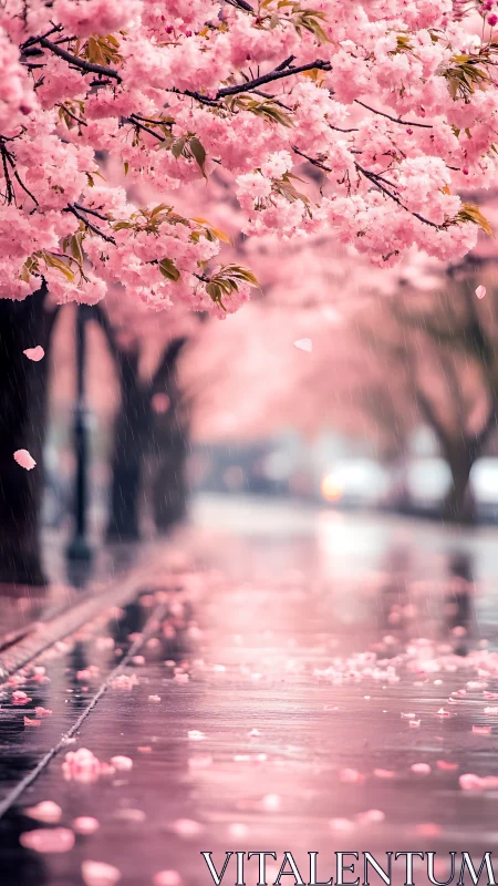 Cherry Blossoms Frame Rain-Soaked Urban Street Path.
