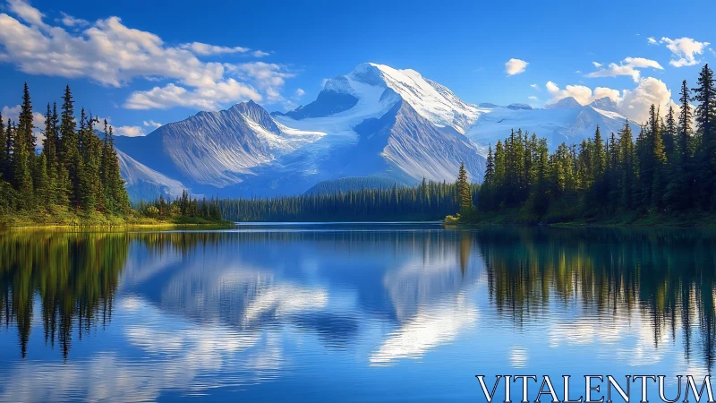 Snowcapped mountain ridge reflects across still forest lake