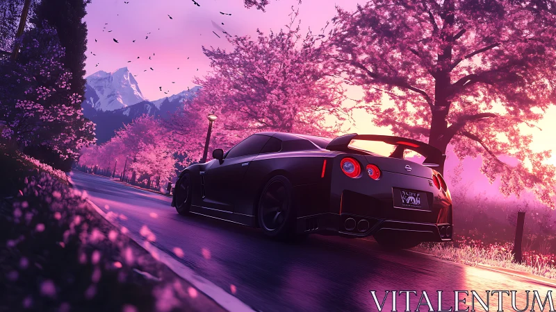 Black sports car on wet road under pink blossom trees.