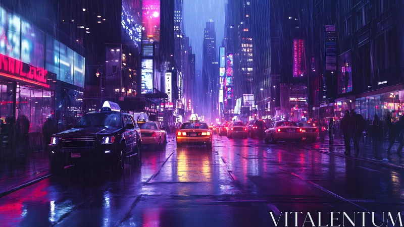 Neon-soaked rainy city avenue with reflective taxi traffic.