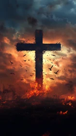 Fiery cross rises against stormy twilight sky in stark contrast