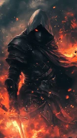 Hooded armored figure stands in flames holding glowing sword