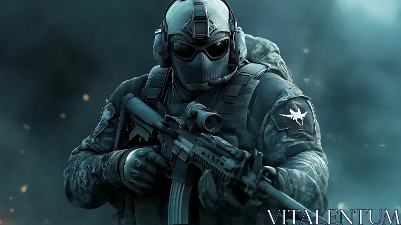 Tactical operator in full combat gear aims suppressed assault rifle