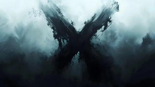 Abstract Black X on Cloudy Background, Modern Minimalist Art.