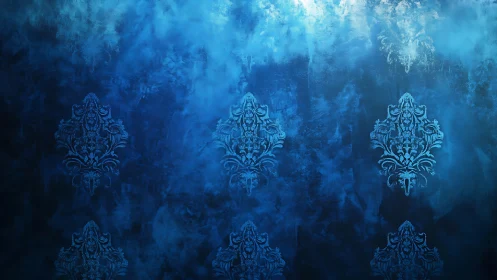 Ornate blue damask grid over textured atmospheric ground.