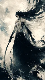 Monochrome warrior study with dynamic ink-splatter abstraction.