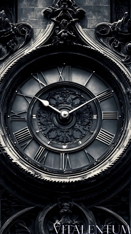 Monochrome baroque tower clock with ornate Roman numeral dial