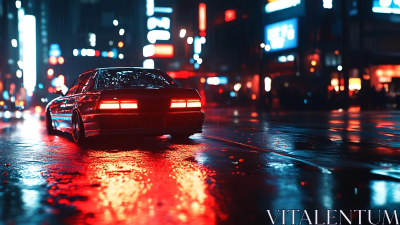 Sports car slices through neon city rain at night street