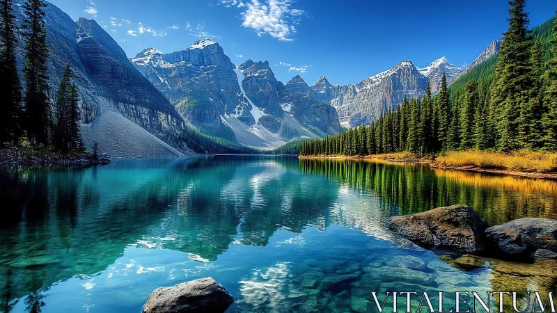 Pristine alpine lake mirroring rugged snowcapped peaks perfectly.