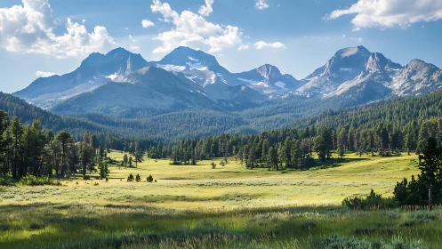 Alpine meadow under stratified conifer forest and granite peaks