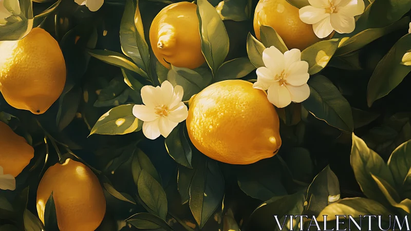 Sunlit ripe lemons with glossy foliage rendered in soft focus