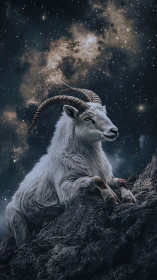 Star-watching mountain goat pauses on a midnight throne