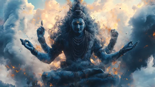 Blue multi-armed deity in meditative pose amid smoke.