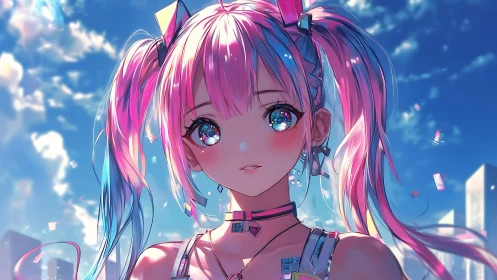 Chromatic twin‑tails avatar under high‑saturation skyfield.