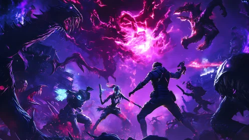 Neon vortex battle scene in dynamic sci‑fi digital painting.