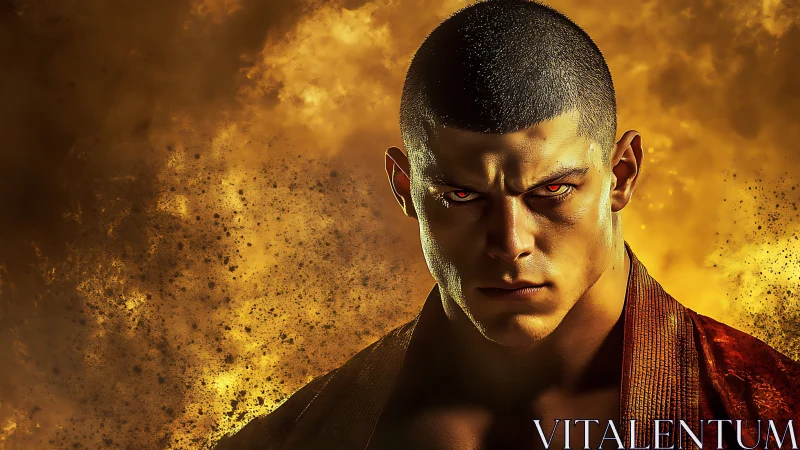 Digital portrait shows muscular male figure before fiery cloud