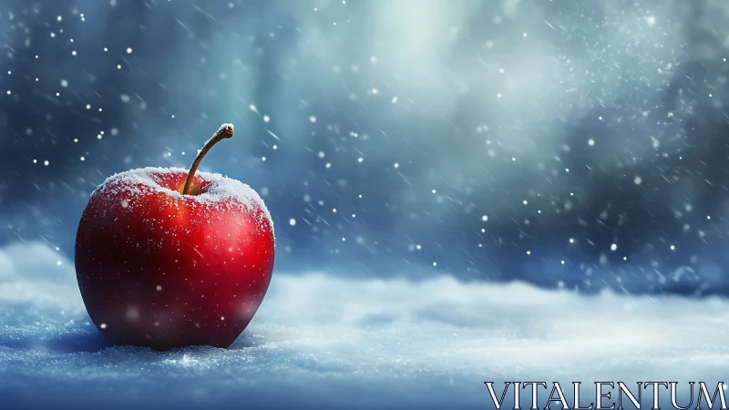Crimson winter apple gleams against swirling snowstorm hush.