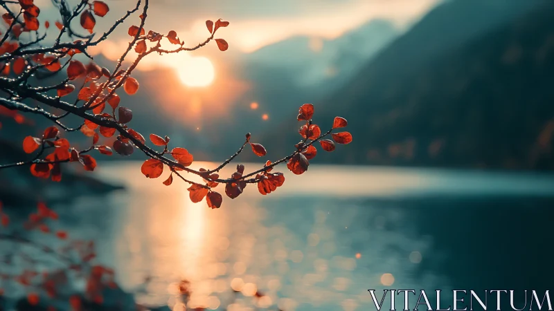 Red leaves on branch before lake and backlit sunset glow.