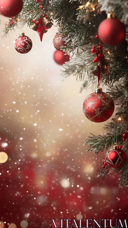 Snow-kissed red baubles waltz on a glowing Christmas bough.