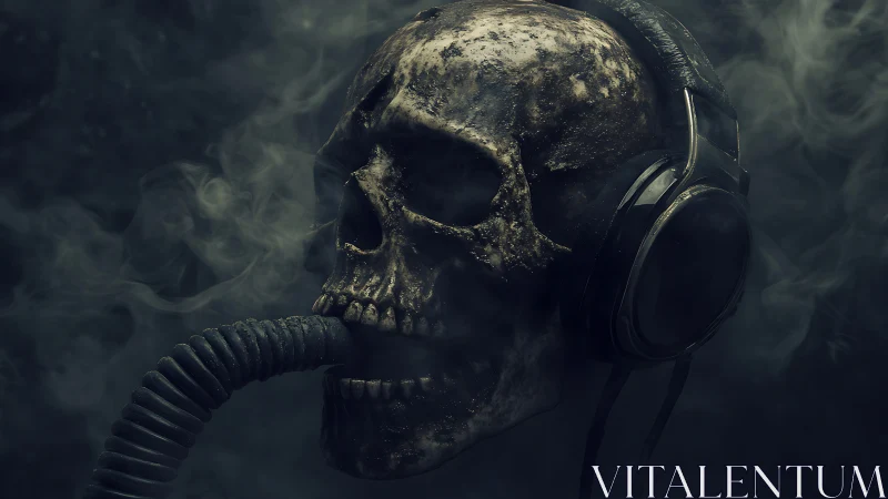 Weathered skull with headset and hose in drifting smoke.