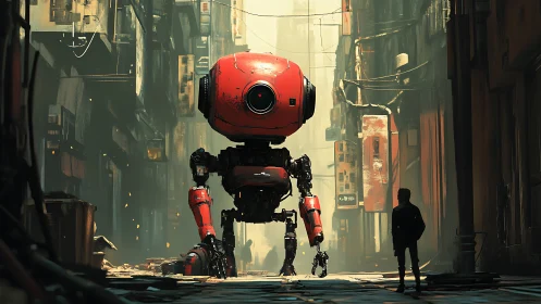 Red bipedal reconnaissance mech in hazy dystopian alleyway.