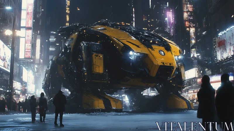 Stunning yellow mech rests calmly in a neon city nightscape