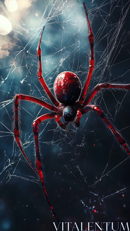 Macro-rendered crimson spider suspended in iridescent web.