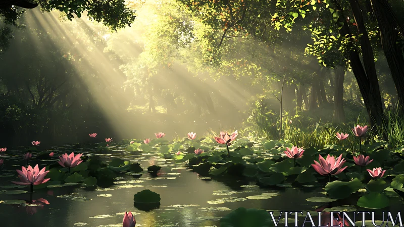 Digital painting of sunlit forest pond with blooming lotuses.