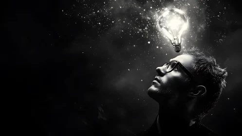 Man in profile under glowing light bulb in dark space.