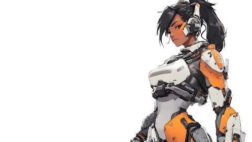 Augmented pilot in segmented exosuit with orange armored plating