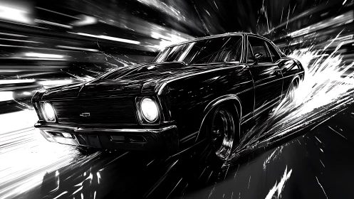 Midnight muscle car erupts through streaks of liquid light.