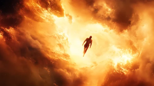 Figure ascending through bright swirling firestorm clouds.
