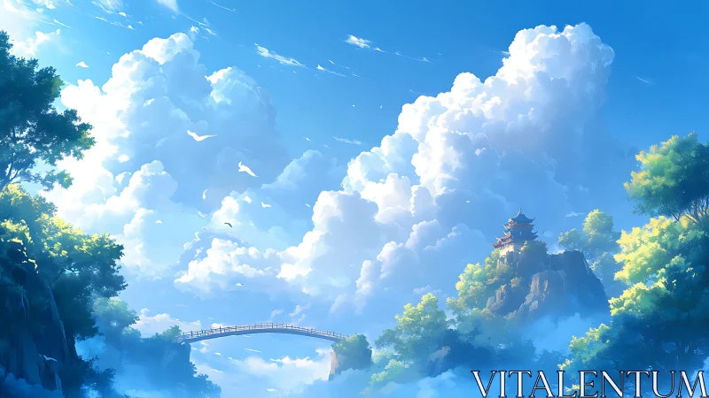 Elevated mountain temple and arched skybridge under cumulus clouds