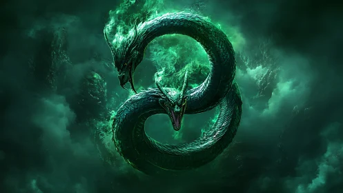 Fantasy twin-headed serpent ouroboros in emerald stormscape.