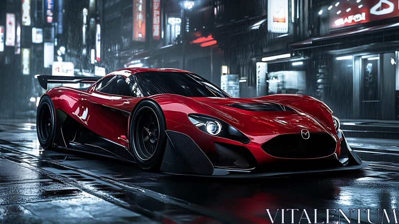 Sleek red Mazda hypercar cuts through neon-lit rainy streets
